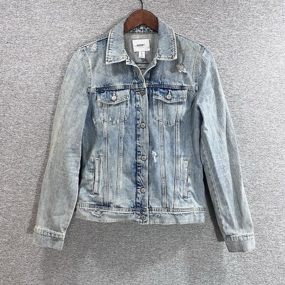Old Navy Denim Jacket Women’s Medium Tall Distressed Light Wash Trucker Jean - Picture 12 of 13